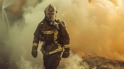 Naklejka premium A tired firefighter, with his firefighter uniform, black pants with refractory, on a firefighting mission, smoke is seen behind