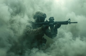 Military Soldier Aiming Rifle Through Green Smoke