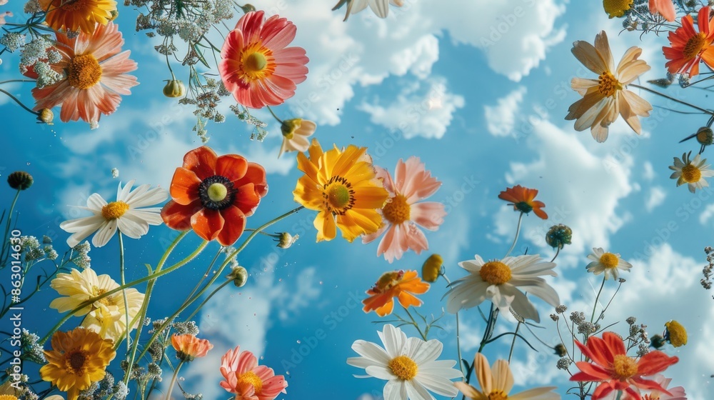 Poster a bouquet of flowers suspended in mid-air, perfect for use as a decorative element or to add a touch