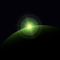 View from space, green star rises above the planet, the sun rising over the earth, rays and glare over the earth , space background, vector illustration