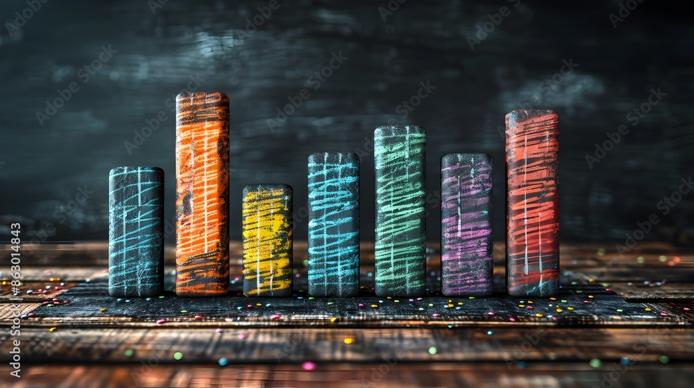 Poster overlapping bar graph data visualization for sustainable business financing in expressionist style