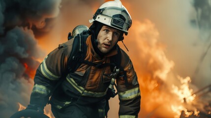 Naklejka premium A tired firefighter, with his firefighter uniform, black pants with refractory, on a firefighting mission, smoke is seen behind
