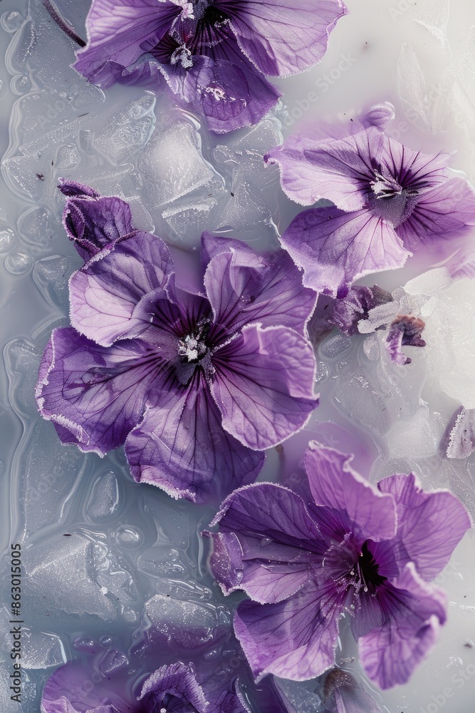 Poster a bouquet of purple flowers sits atop a block of ice, providing a pop of color against the cold and 