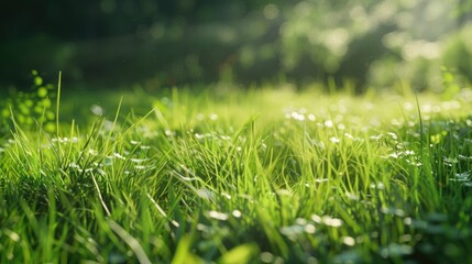 A close-up shot of water droplets glistening on a field of green grass