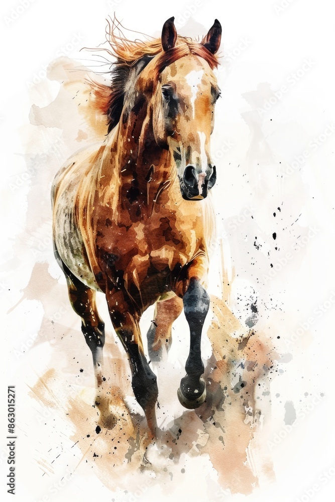 Poster a horse in motion on a plain white surface, ideal for use in sports or equine-related contexts
