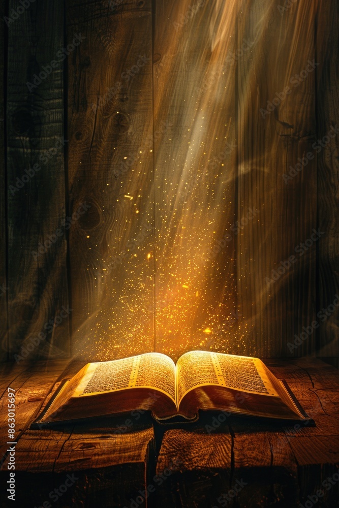 Poster a open book sitting on top of a wooden table, simple and classic scene for study or reading