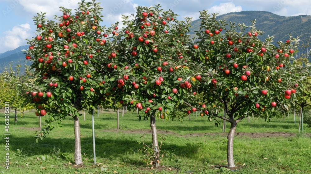 Poster three apple trees are in a field with many apples on them