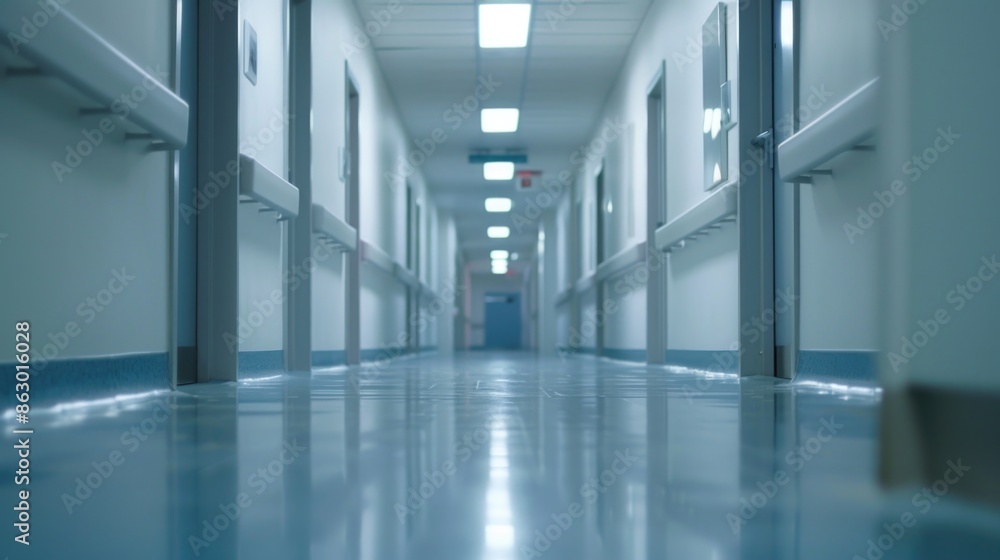 Poster a long hallway with a blue floor and white walls, perfect for use in architectural or design context