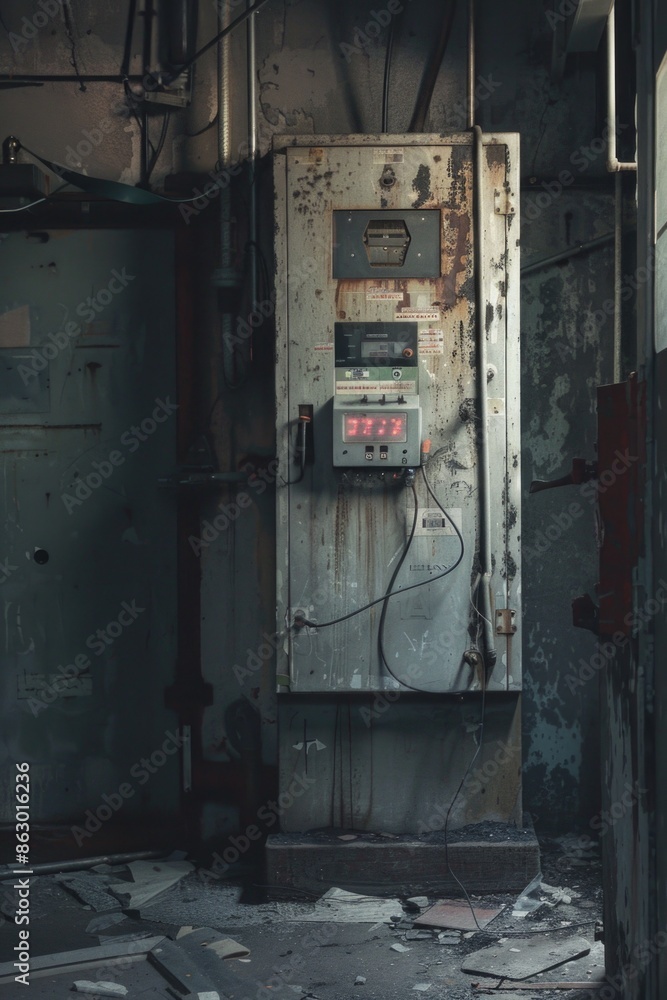 Poster Old and worn out electrical panel in a run-down building