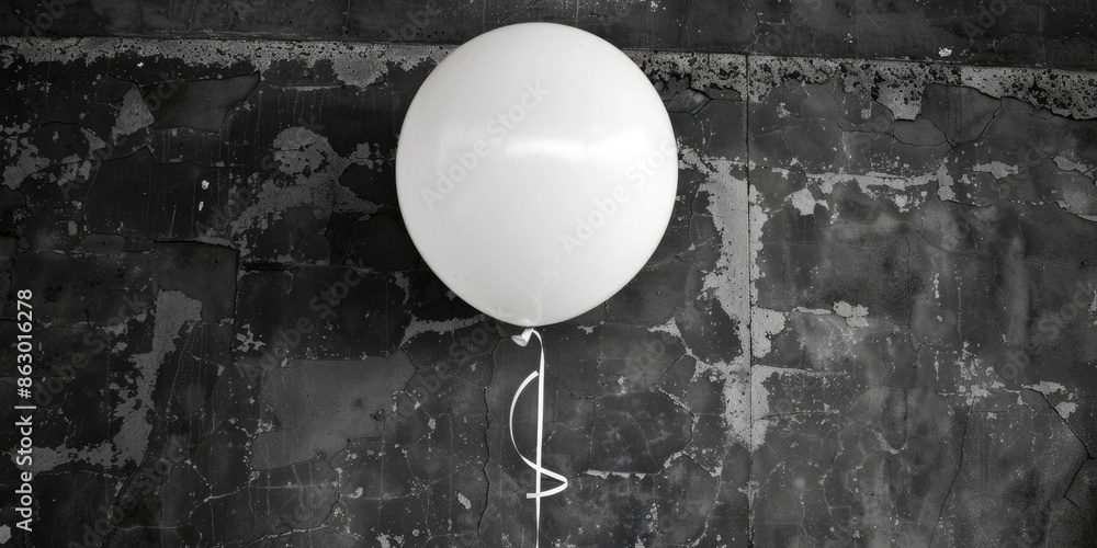 Poster a single white balloon tied to a black wall with no surrounding context