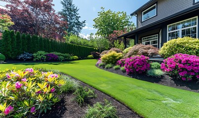 Beautiful Manicured Lawn with Colorful Flowerbed and Lush Shrubs in a Sunlit Residential House Backyard
