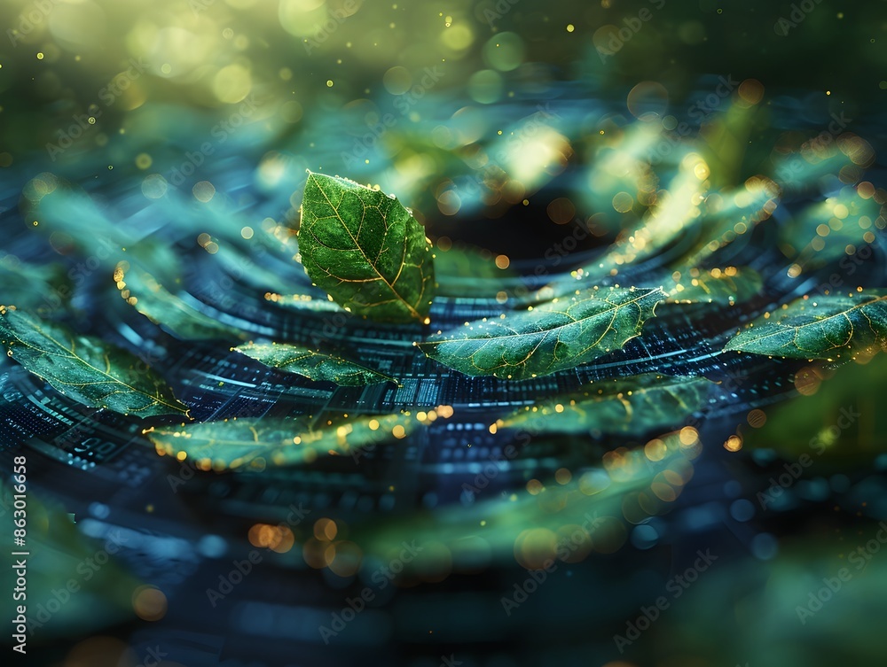 Poster holographic data driven financial display enveloped by dynamic swirling leaves representing