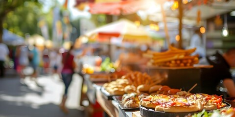 Blurred street food stand at a festival with fast food market. Concept Festival Foods, Street Eats, Fast Food Market, Blurred Background, Crowded Scene