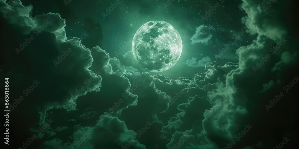 Poster A full moon shines brightly through a layer of clouds in the night sky