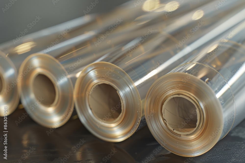 Poster a collection of transparent plastic rolls placed on a flat surface, suitable for use in various sett