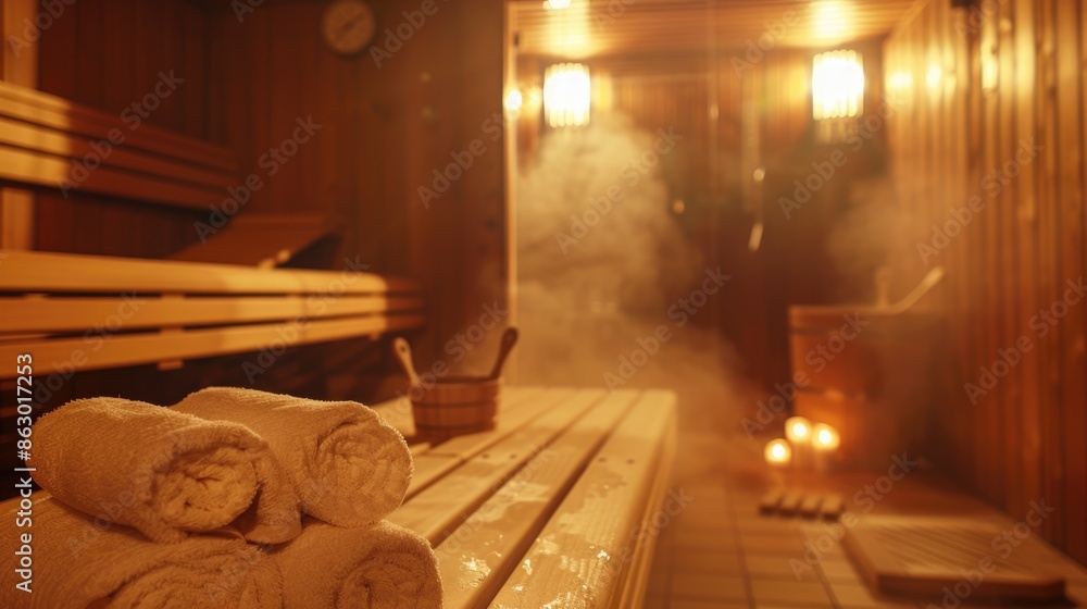 Poster two towels sitting on a wooden bench, often used for drying or storing items