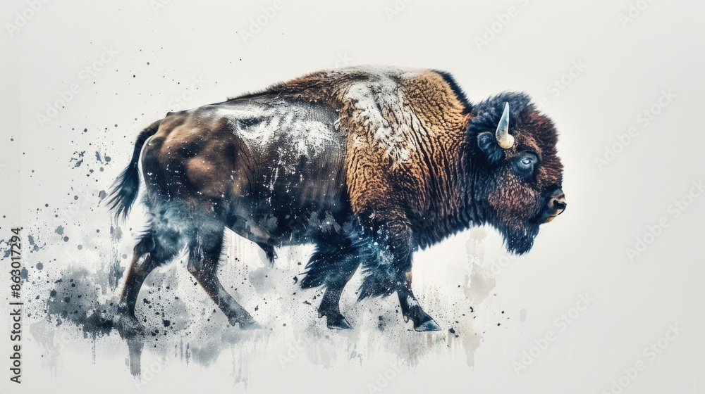 Wall mural A bison walks through the snowy landscape, its coat covered in white flakes