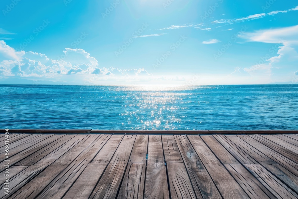 Wall mural Beautiful wooden floor and blue background  sea water and sky.