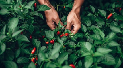 Hands delicately picking fresh chili peppers