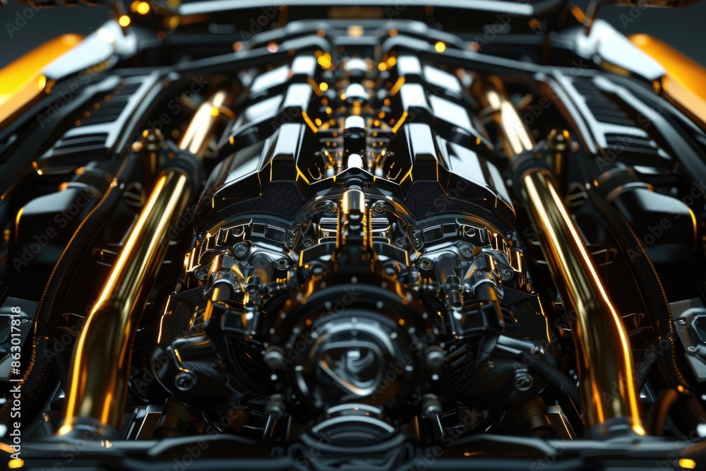 Poster a detailed view of a car's engine, ideal for automotive or technical applications