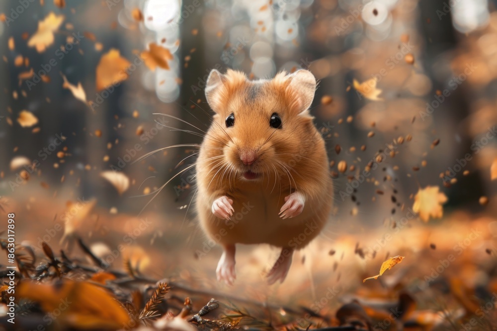 Aufkleber a small hamster is running through the leaves on the ground in a dense forest