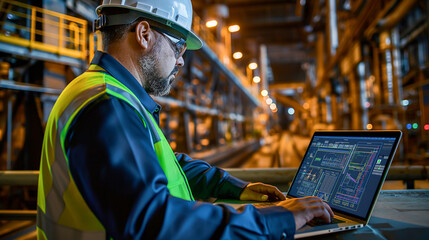 An industrial engineer wearing safety gear uses a laptop to monitor data and control machinery in a factory setting.