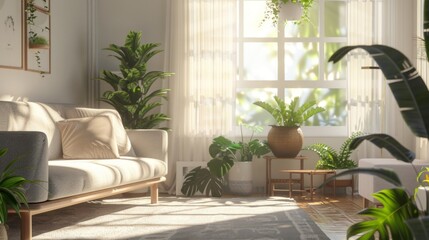 Background image of cozy living room with mid-century modern furniture and plants. Living room with white wall and sun shini