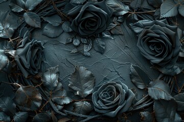 A heart shaped arrangement of black roses surrounded by leaves, symbolizing love and death