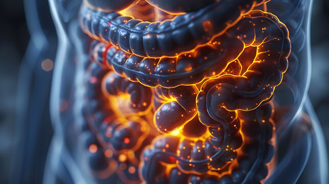 Digestive health visualization Man diverticulitis glowing depiction of the colon showing inflamed pouches