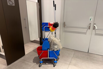 Mobile trolley with all cleaning equipment.