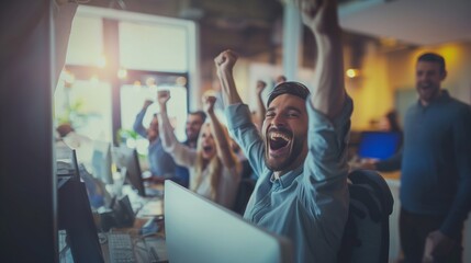 Successful Business Team Reacting to Positive Results.