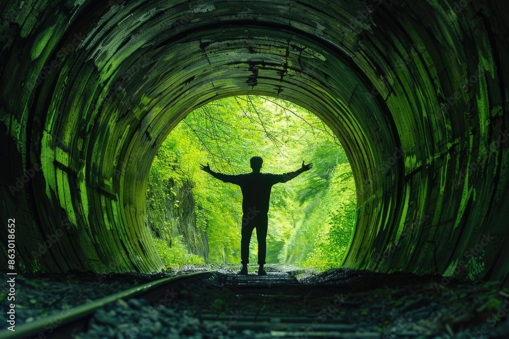 Aufkleber A man standing in the middle of a tunnel with unknown destination
