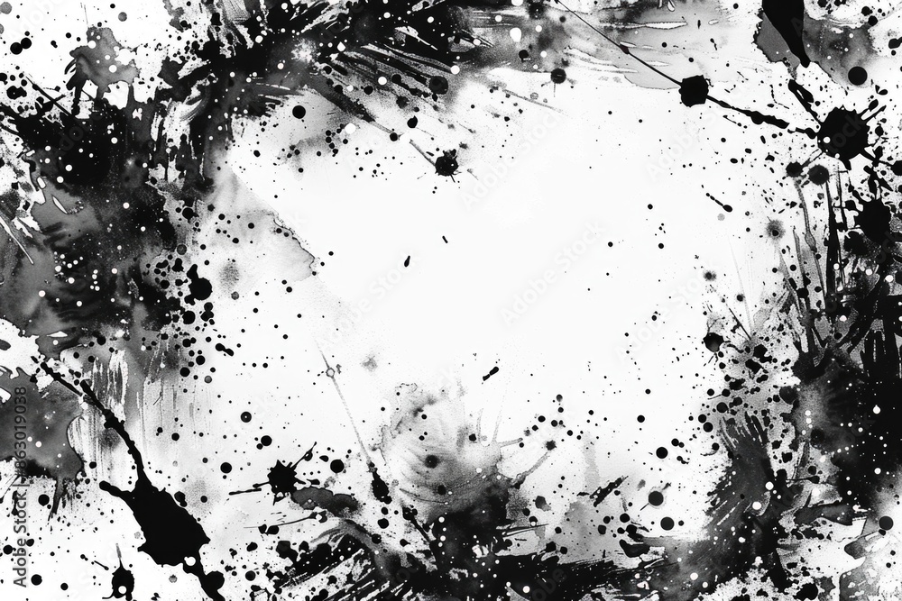 Poster a close-up of a circular pattern created by multiple paint splatters in black and white colors