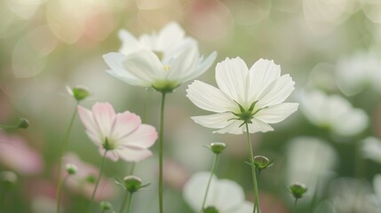 Obraz premium Beautiful white cosmos flower in the garden. Soft focus and blurred white cosmos flowers