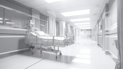 Fototapeta premium A black and white photorealistic image of a blurred hospital corridor with a patient being wheeled down the hallway on a gurney.