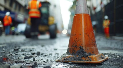 Close-up of a traffic cone on a street during construction. Blurred construction worker and urban background