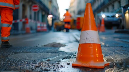Close-up of a traffic cone on a street during construction. Blurred construction worker and urban background