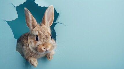 Obraz premium A small rabbit emerges from a hole in the wall, curious about its surroundings