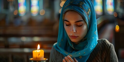 Woman in headscarf praying with candle in church with closed eyes. Concept Religious Practices, Spiritual Moments, Quiet Reflection, Faith and Devotion