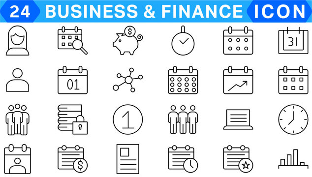 Vector business and finance editable stroke line icon set with money, bank, check, law, auction, exchance, payment, wallet, deposit, piggy, calculator, web and more isolated outline thin symbol