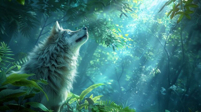 A majestic wolf looks up in a serene, misty forest as sunlight filters through the lush green foliage.