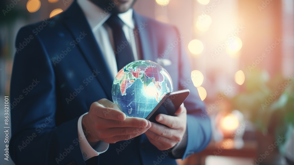 Poster a businessman using a smartphone globe to connect with potential customers worldwide, expanding his 