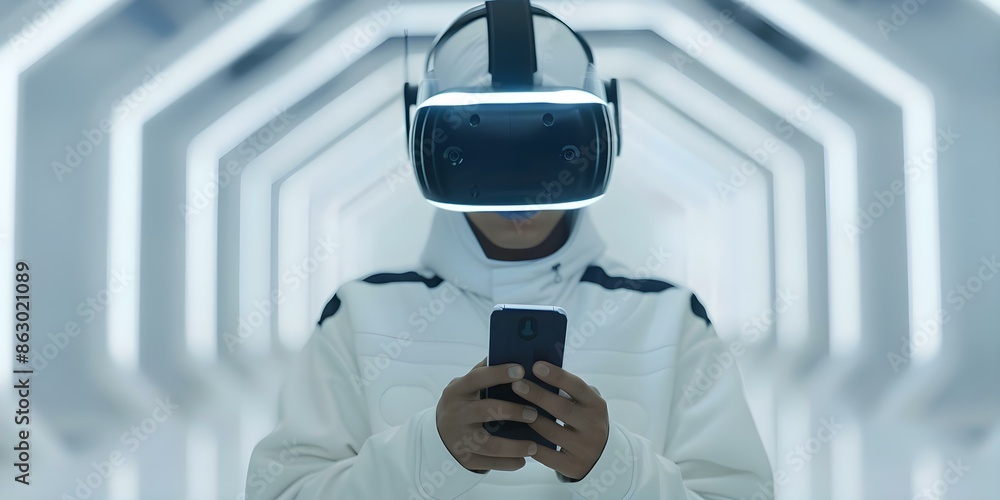 Poster embracing the future of blockchain individual explores virtual world in metaverse using phone. conce