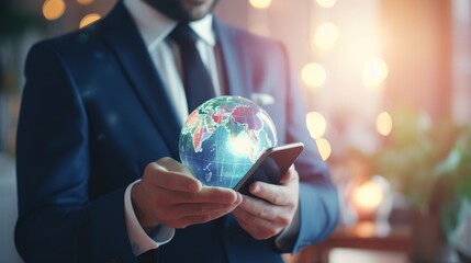 A businessman using a smartphone globe to connect with potential customers worldwide, expanding his market reach.