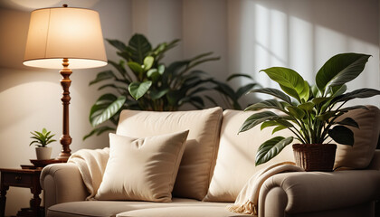 Frontal view of a simple and cozy sofa with a lamp and plants standing next to it in the living room