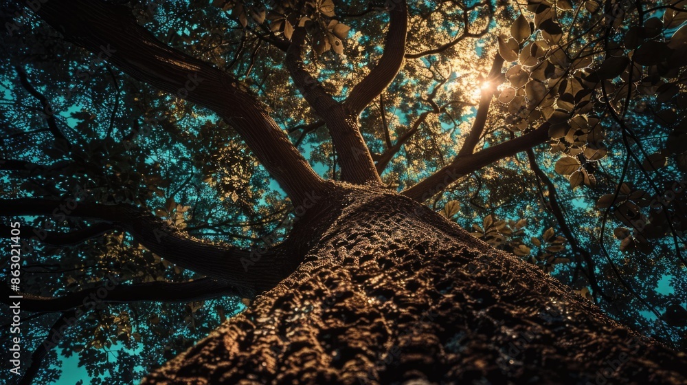 Poster a tree with sunlight filtering through its leaves