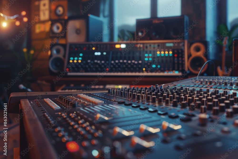 Poster A professional audio mixing console in a recording studio setup with equipment and instruments
