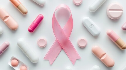 Pink ribbon with medical icons surrounding it, representing breast cancer awareness, set against a white background, emphasizing hope and support