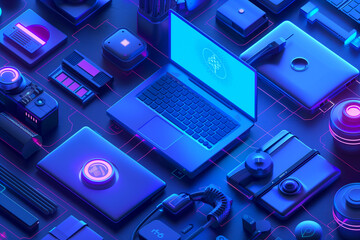 Laptop secure connection with automated communication data. 3D effect of computer system process workflow. Blue and pink technology background wallpaper 