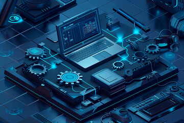 Fototapeta premium Laptop secure connection with automated communication data gears. 3D effect of computer system process workflow. Blue and navy technology background wallpaper 